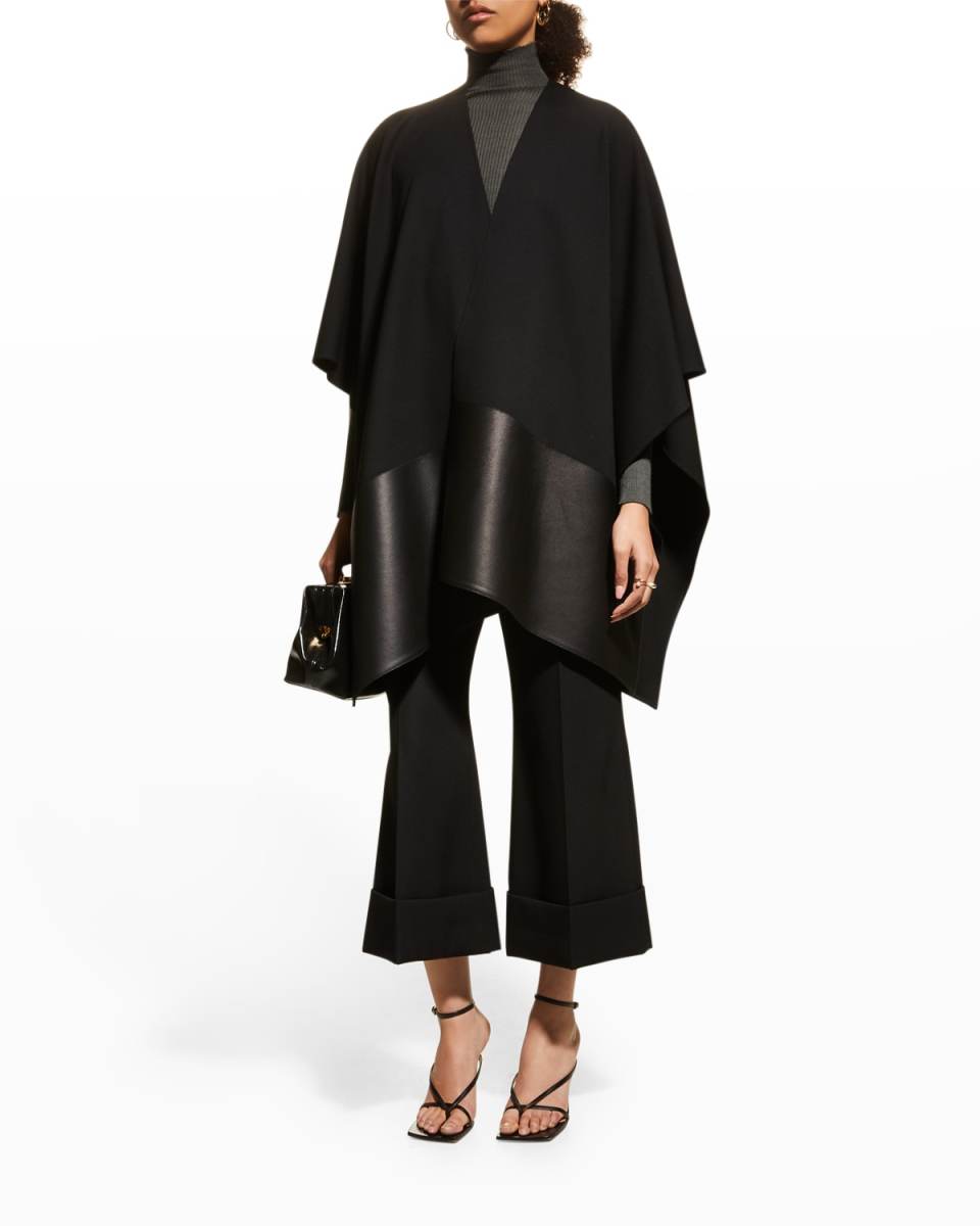 Leather-Trim Punto Milano Wrap Poncho